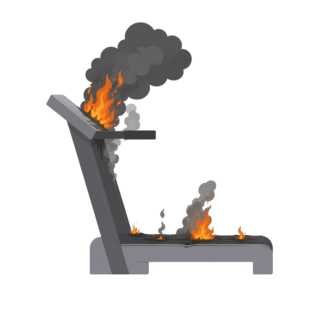 Cartoon treadmill on fire and belching smoke